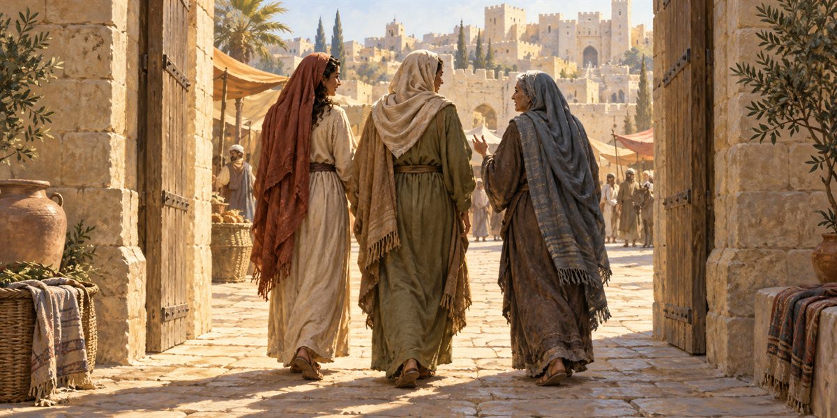 Three women of different ages walking and speaking together through an ancient city gate