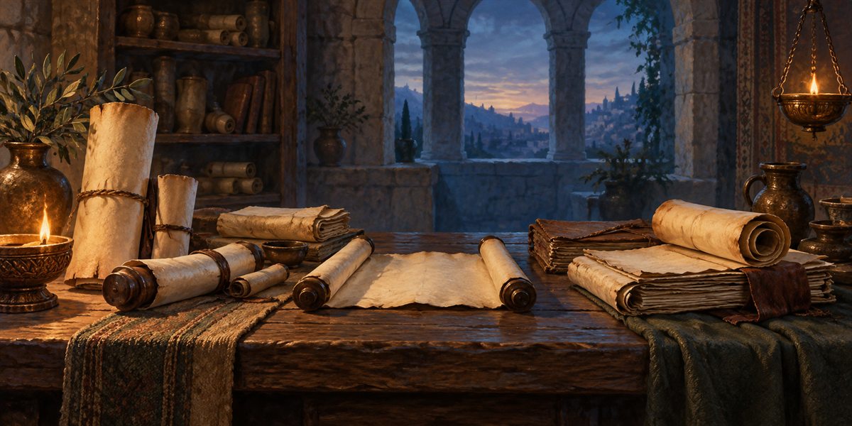 Blank scrolls and parchment gatherings arranged across a lamplit scholar's table
