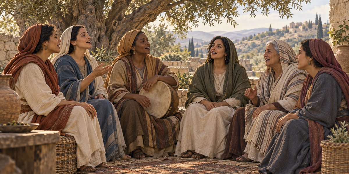 Women of different ages singing together beneath a broad olive tree