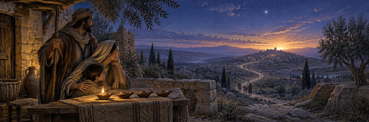 A watching family keeps one lamp alight as a road leads toward Bethlehem beneath the first light of dawn.