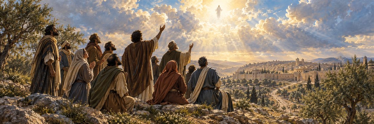The disciples look into radiant cloud above a hill outside Jerusalem.
