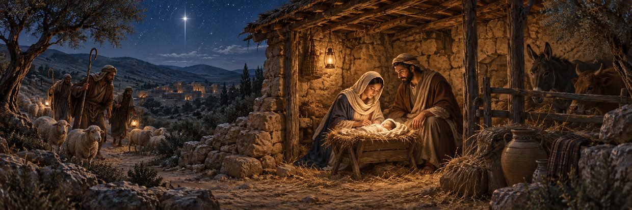 Mary and Joseph tend the newborn Jesus in a humble shelter as shepherds approach.