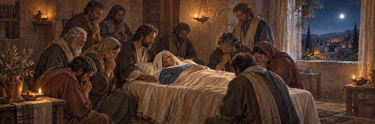A prayerful community gathers around Mary in a quiet upper room.