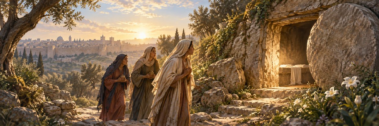 Women approach the open tomb in a garden illuminated by Easter dawn.