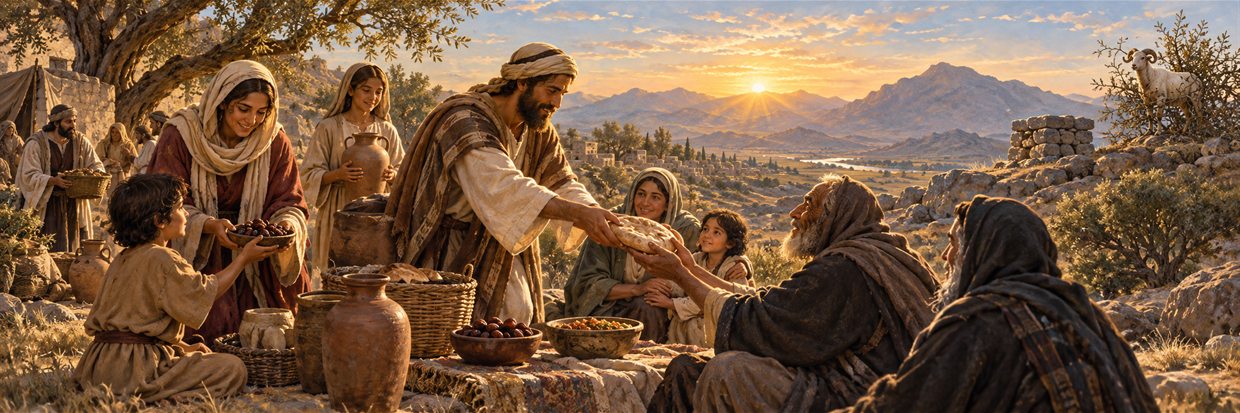 Families share food with neighbors beneath an olive tree at dawn.
