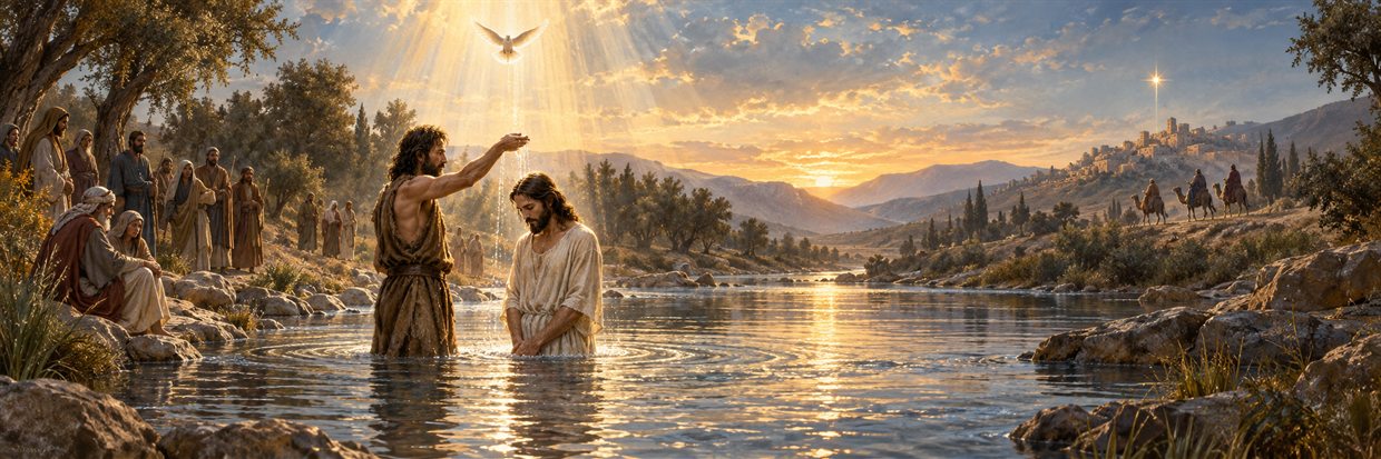 The baptism in the Jordan is joined by distant travelers beneath a bright star.