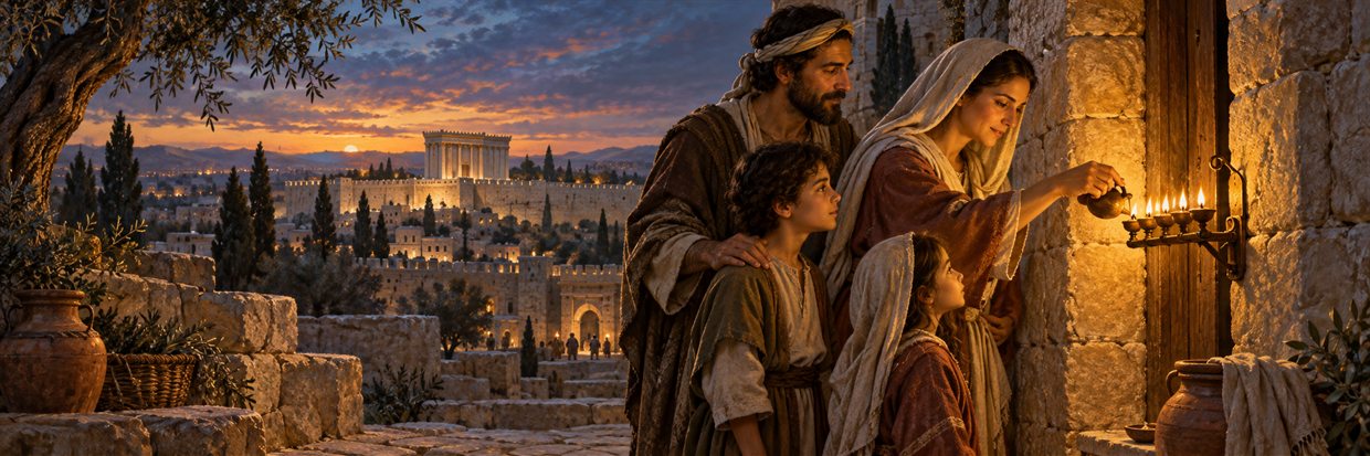 A family lights an oil lamp overlooking ancient Jerusalem at winter dusk.
