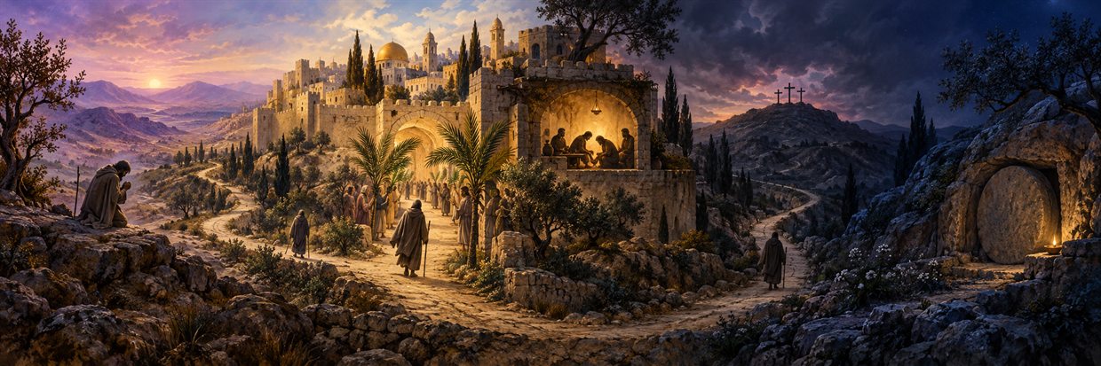 A continuous Lent and Holy Week journey from wilderness prayer through Jerusalem, the upper room, the cross, and a waiting tomb.