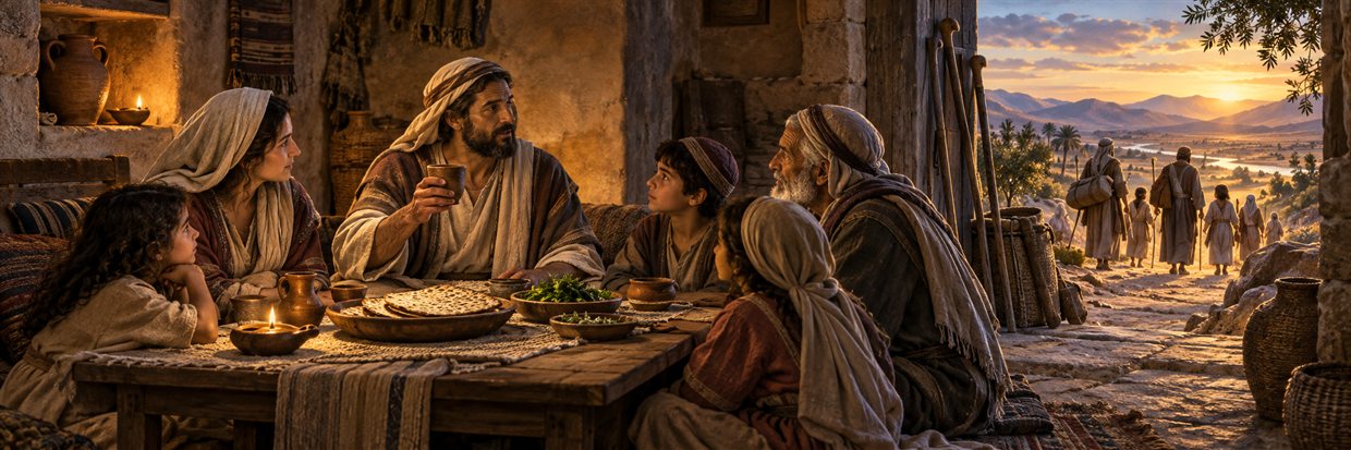 An intergenerational Passover meal opens toward a hopeful journey at dawn.