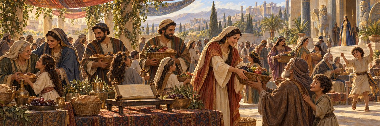 An ancient Persian Jewish community exchanges gifts of food during a joyful feast.