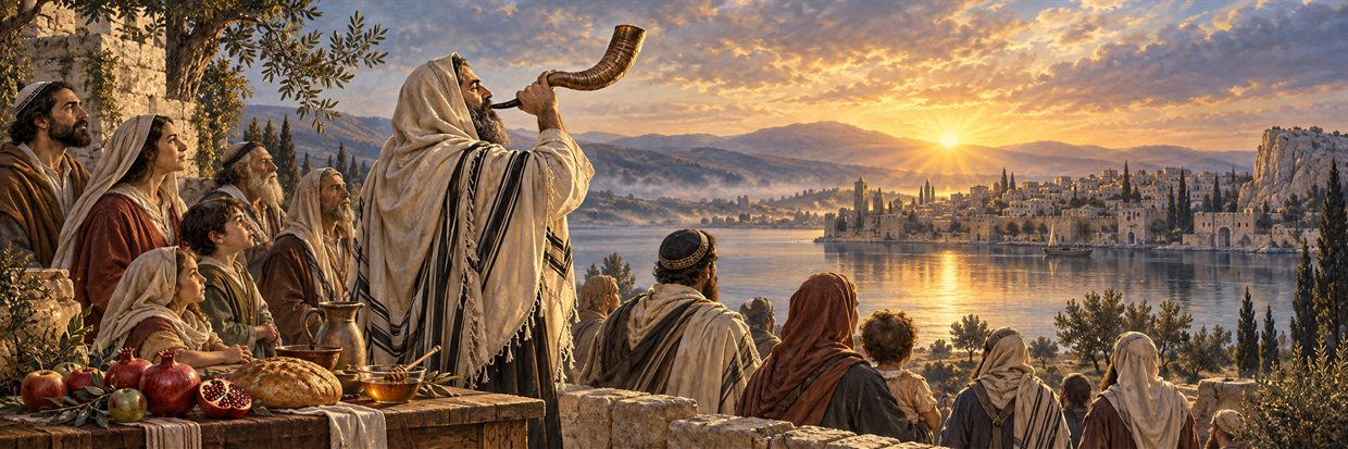A community hears the shofar beside still water at autumn dawn.