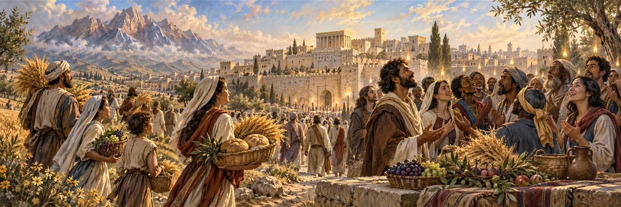 Harvest pilgrims and a diverse gathering evoke Shavuot and Pentecost.