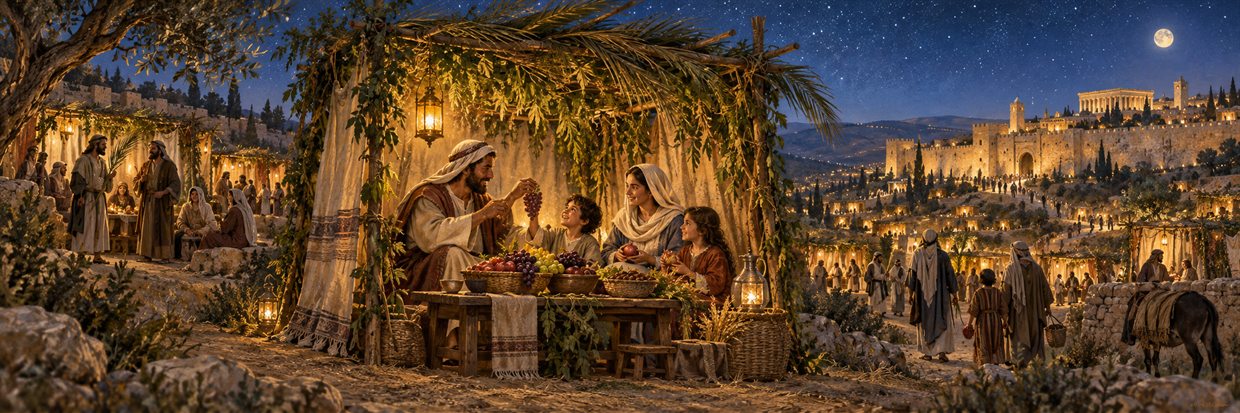 A family shares a harvest meal beneath the leafy roof of a sukkah.
