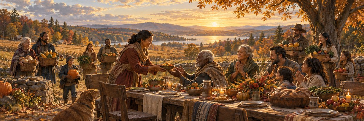 Neighbors share an abundant autumn harvest around a long outdoor table in warm evening light.