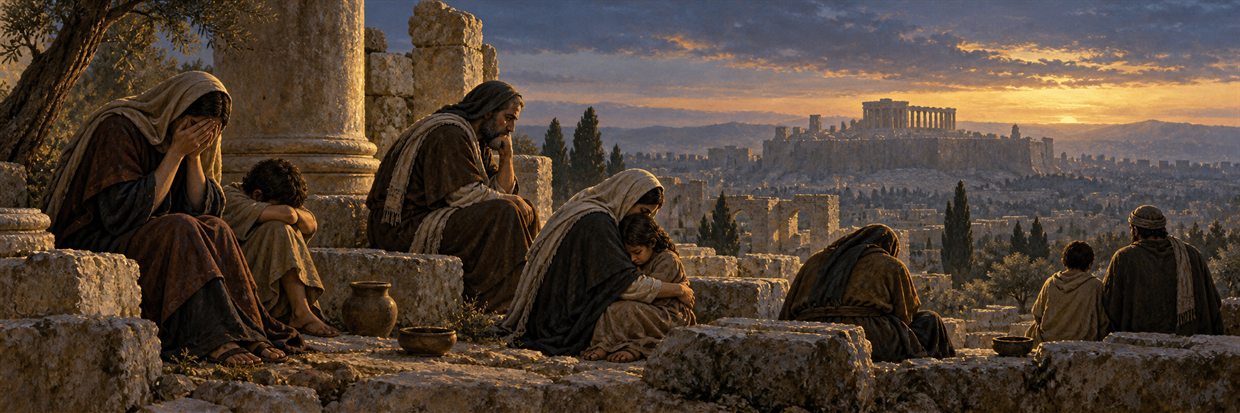 Families mourn quietly among ancient stones as first light touches Jerusalem.