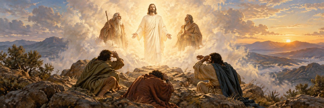 The disciples shelter in wonder before Jesus radiant upon the mountain.